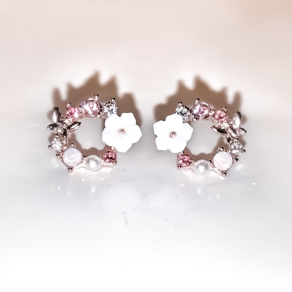 Rose Quartz & Pearl Hibiscus Butterfly Earrings - Picture 7 of 8